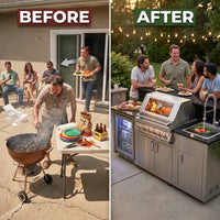 BBQ Island Outdoor Kitchen Kits, 4-Burner 72000 BTU Stainless Steel Modular 98 Inch Natural Gas Outdoor Kitchen Bar Barbecue Island Grill with Refrigerator and Sink for Patio Backyard — Before & After