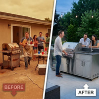 Outdoor Kitchen Island Built for Entertaining, 72000 BTU 4-Burner Gas Grill, Granite Countertops, Refrigerator — Before & After