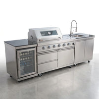 Outdoor Kitchen Island Built for Entertaining, 72000 BTU 4-Burner Gas Grill, Granite Countertops, Refrigerator — Studio Shot