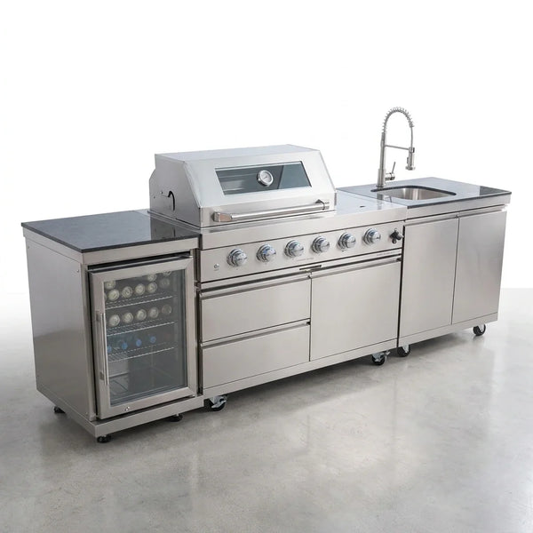 Outdoor Kitchen Island Built for Entertaining, 72000 BTU 4-Burner Gas Grill, Granite Countertops, Refrigerator — Studio Shot