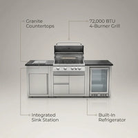 Outdoor Kitchen Island Built for Entertaining, 72000 BTU 4-Burner Gas Grill, Granite Countertops, Refrigerator — infographic