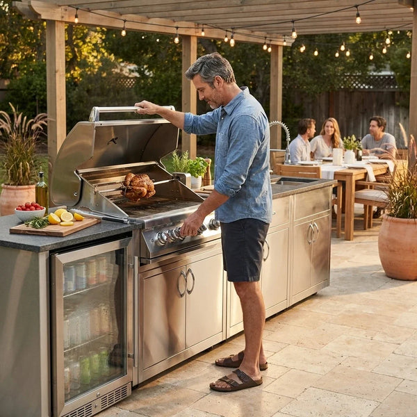 Outdoor Kitchen Island Built for Entertaining, 72000 BTU 4-Burner Gas Grill, Granite Countertops, Refrigerator