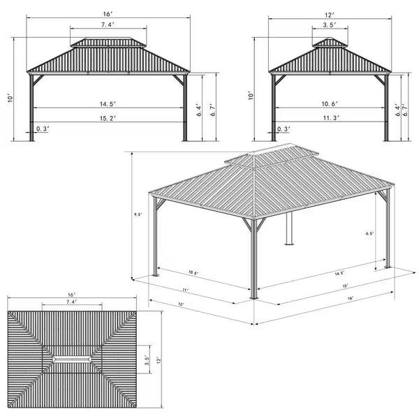 Hardtop Gazebo Designed for Year-Round Use, 12x16 Aluminum Frame, Double Roof Ventilation, Mosquito Netting