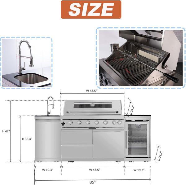 Outdoor Kitchen Island Built for Professional Entertaining, 6 Burners, 85000 BTU, Wine Cooler, Granite Top