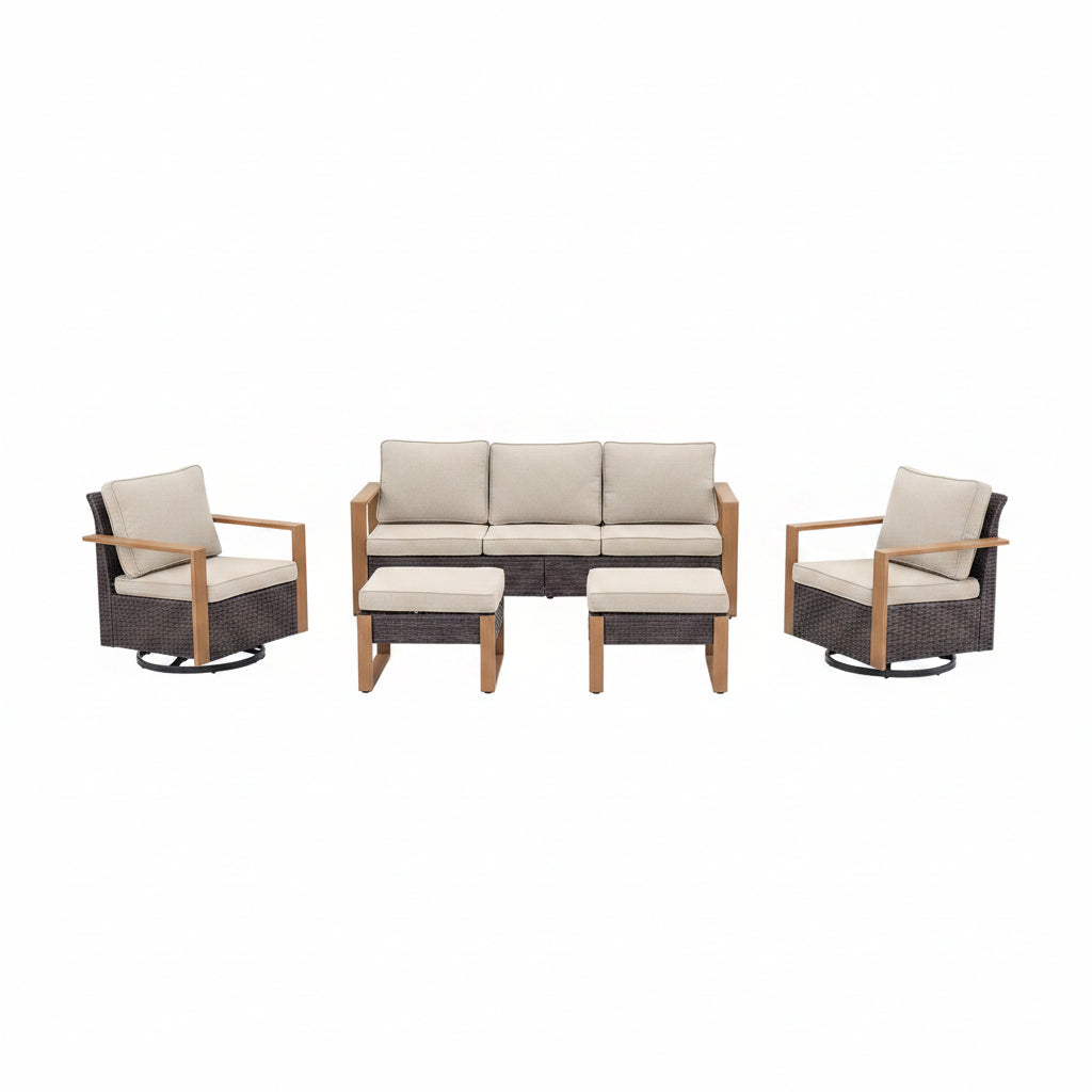 Wicker Patio Furniture Sets,5 Pieces Outdoor Conversation Sets with Swivel Rocker Chairs Sofa and Ottomans for Deck Porch Poolside