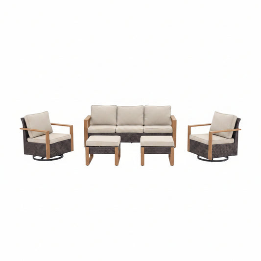 Wicker Patio Furniture Sets,5 Pieces Outdoor Conversation Sets with Swivel Rocker Chairs Sofa and Ottomans for Deck Porch Poolside