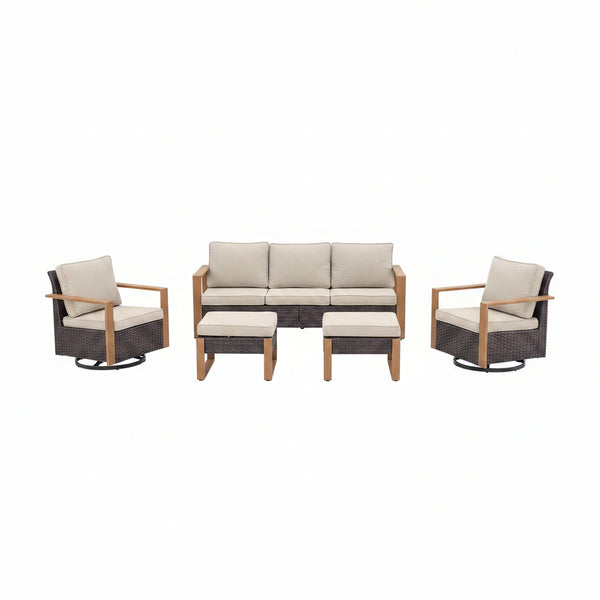 Wicker Patio Furniture Sets,5 Pieces Outdoor Conversation Sets with Swivel Rocker Chairs Sofa and Ottomans for Deck Porch Poolside